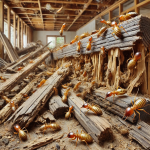 A group of termites aggressively chewing through wooden beams and structures of a house